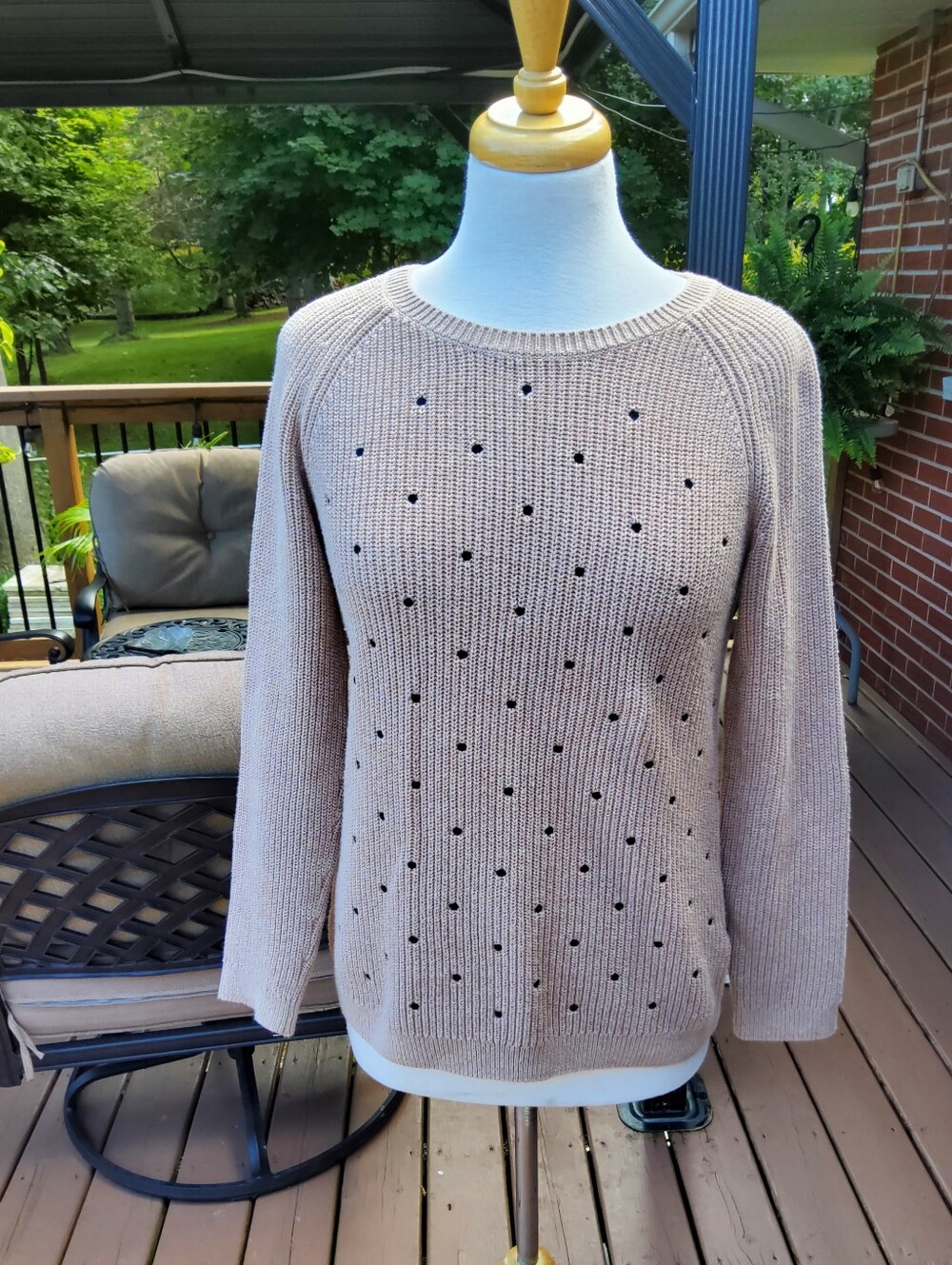 Elle Taupe Sweater with Black Dot Accents - 100% Cotton